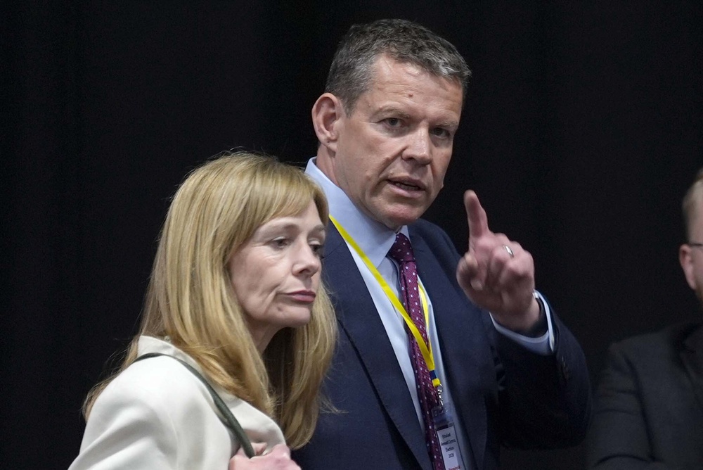 Leader of Plaid Cymru, Rhun ap Iorwerth, and his wife, Llinos, arrive at the counting centre for the 2026 Senedd elections at The Arena, Venue Cymru, in Llandudno. (Peter Byrne/PA) (PA Wire)