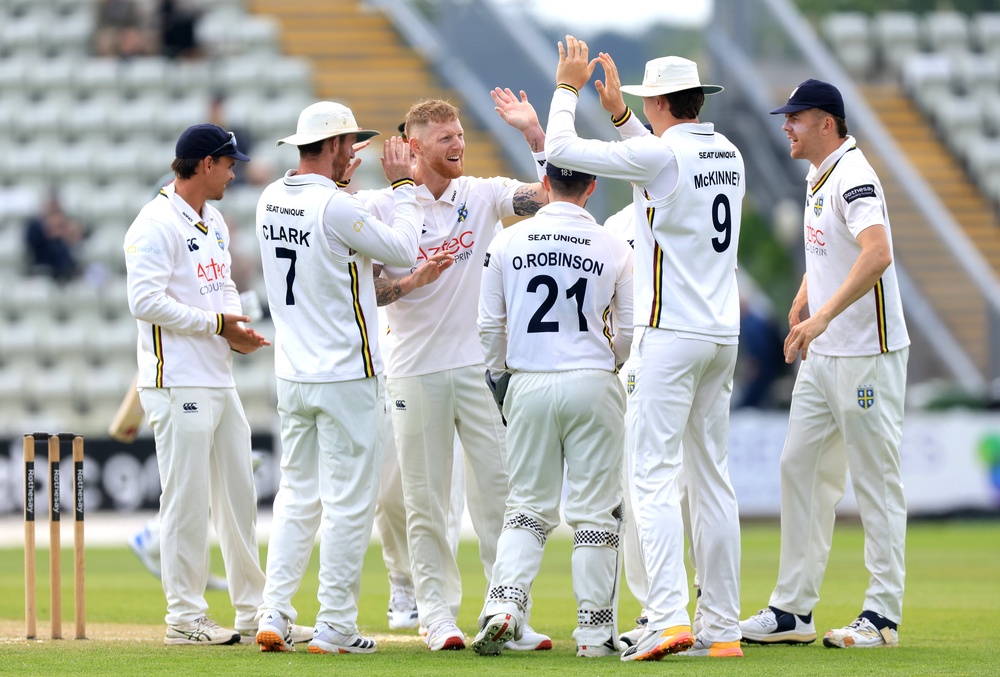 Stokes (centre) opened the bowling on his county comeback against Worcestershire (Nigel French/PA) (PA Wire)
