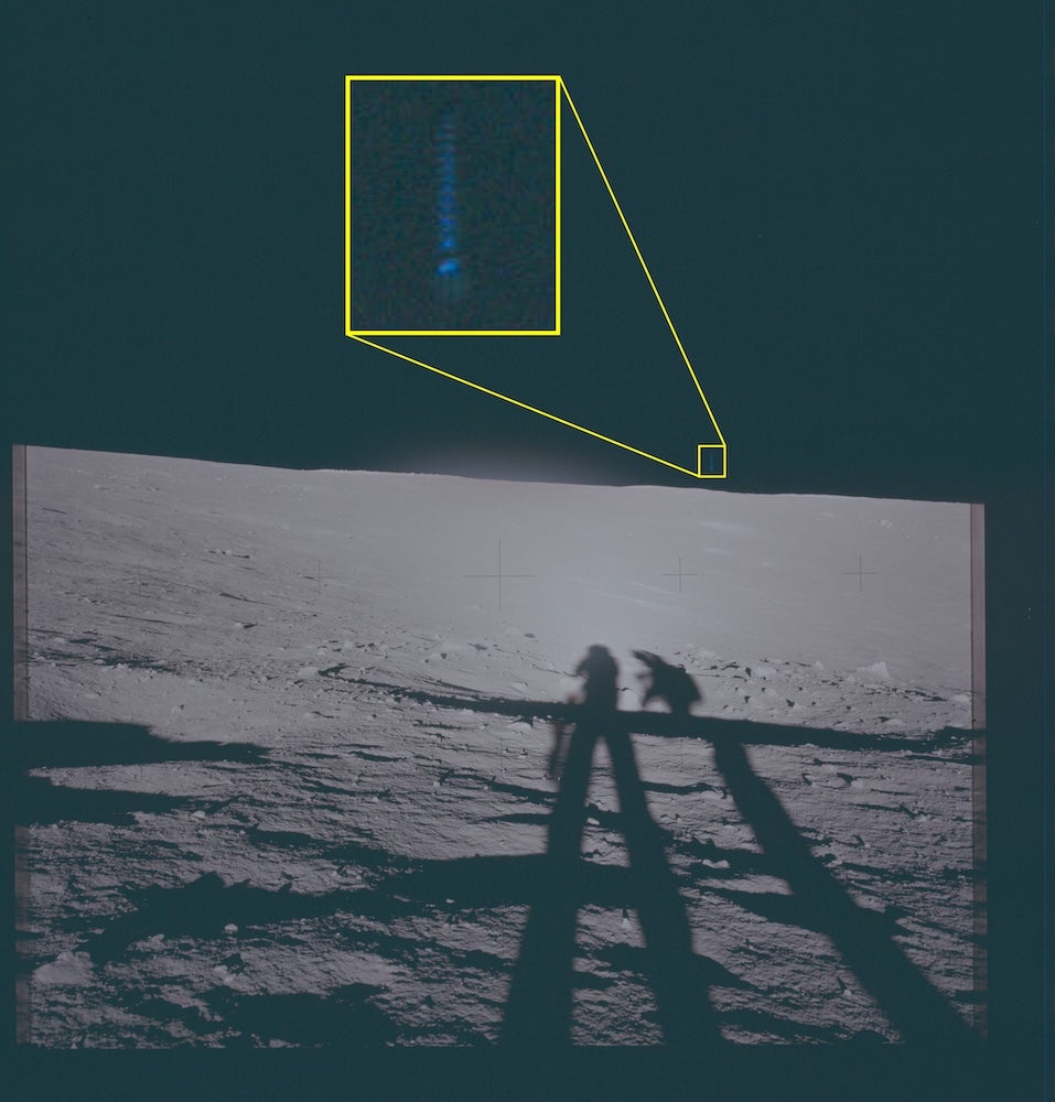 Apollo 12 astronauts took several photos of ‘unexplained phenomena,’ including this image, which appears to show a long, straight object in the distance (Defense Department)