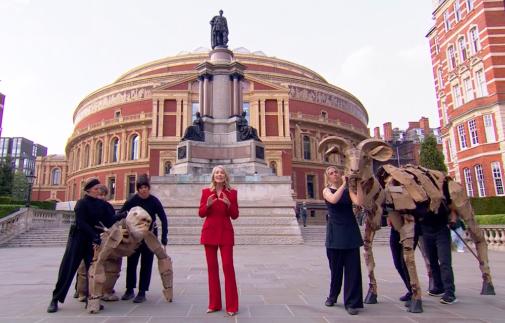 Kirsty Young stood awkwardly alongside two puppet animals outside the Royal Albert Hall (BBC)