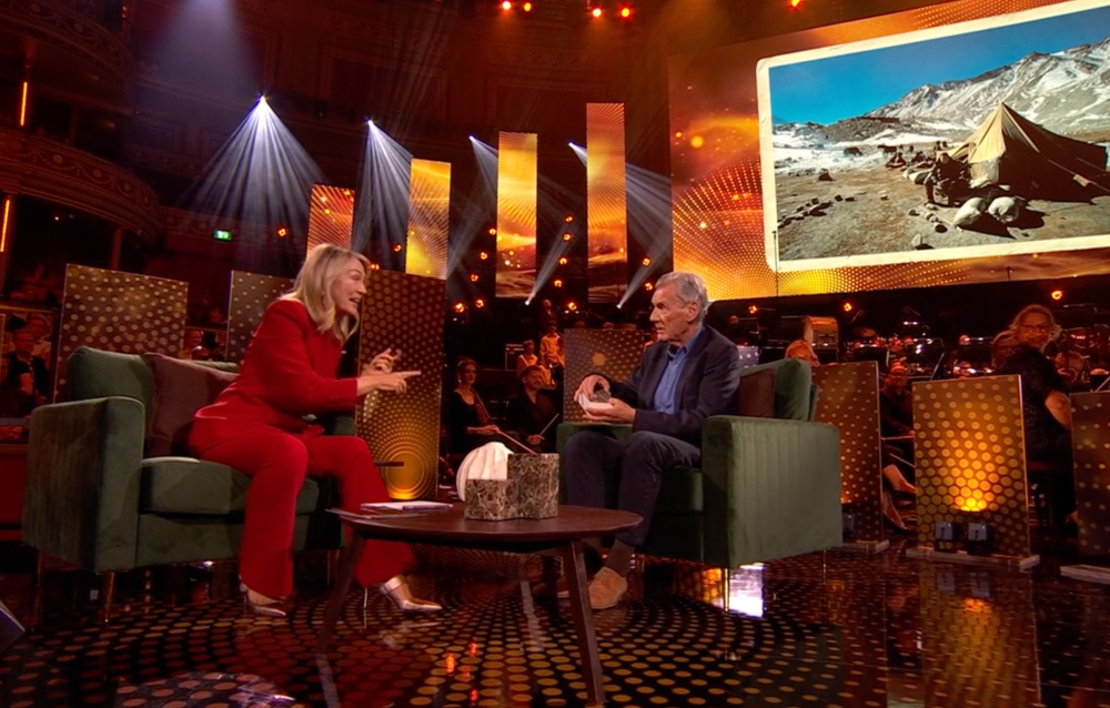 Michael Palin delivers a chunk of Mount Everest to Sir David Attenborough (BBC)
