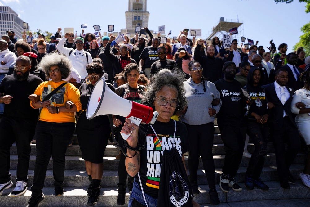 Voting rights advocates in Tennessee protested a rapidly advanced congressional map that eliminates the state’s only Black-majority district after the Supreme Court opened the door for a wave of racially charged gerrymanders (REUTERS)