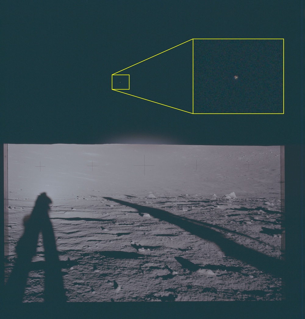 A small dot photographed from the moon's surface during the Apollo 12 mission. The Apollo 12 crew was the second group to land on the moon, following the Apollo 11 mission earlier that year (Defense Department)