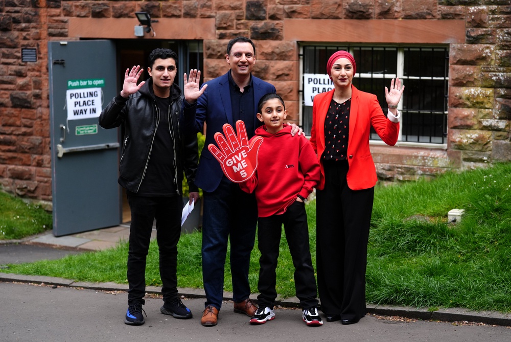 The Scottish Labour leader went to cast his vote with family on Thursday. (Andrew Milligan/PA)