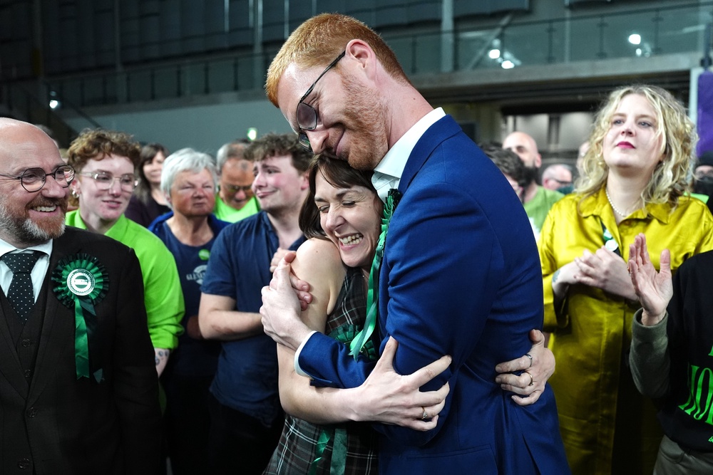 Ross Greer celebrates with new Glasgow Southside MSP Holly Bruce after she was voted in as one of the party’s first ever constituency MSPs. (Andrew Milligan/PA)