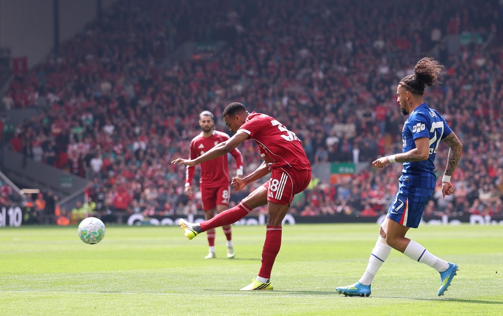 Ryan Gravenberch’s curling effort sent Liverpool into the lead (Getty)