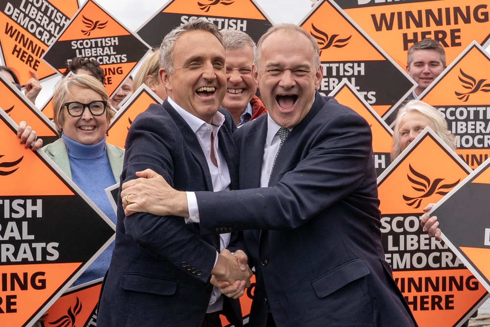 Scottish Liberal Democrat leader Alex Cole-Hamilton (left) joined by Liberal Democrat leader Ed Davey (right) at Newhaven Edinburgh. (Jane Barlow/PA) (PA Wire)