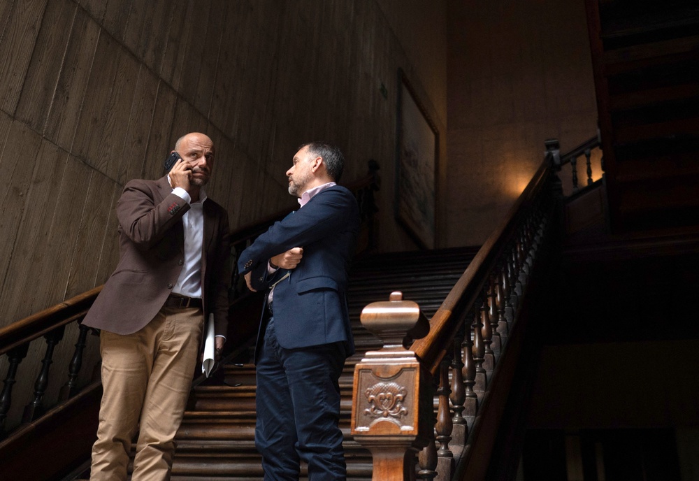 Canary Islands government spokesperson Alfonso Cabello (left) and Jose Manuel Bermudez, mayor of Santa Cruz de Tenerife, talk after authorities meet to manage the arrival of the Hondius (AFP/Getty)