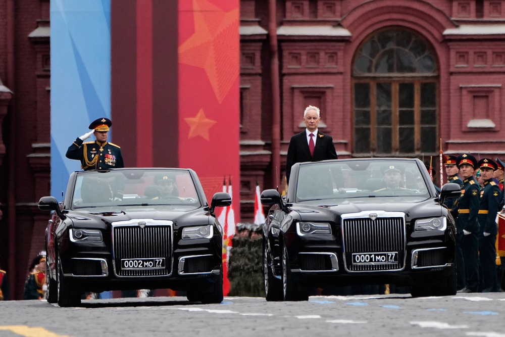 Russian Defence Minister Andrei Belousov and Commander-in-Chief of the Russian Ground Forces, Col. Gen. Andrei Mordvichev attend the Victory Day military parade at Red Square in central Moscow (AFP/Getty)