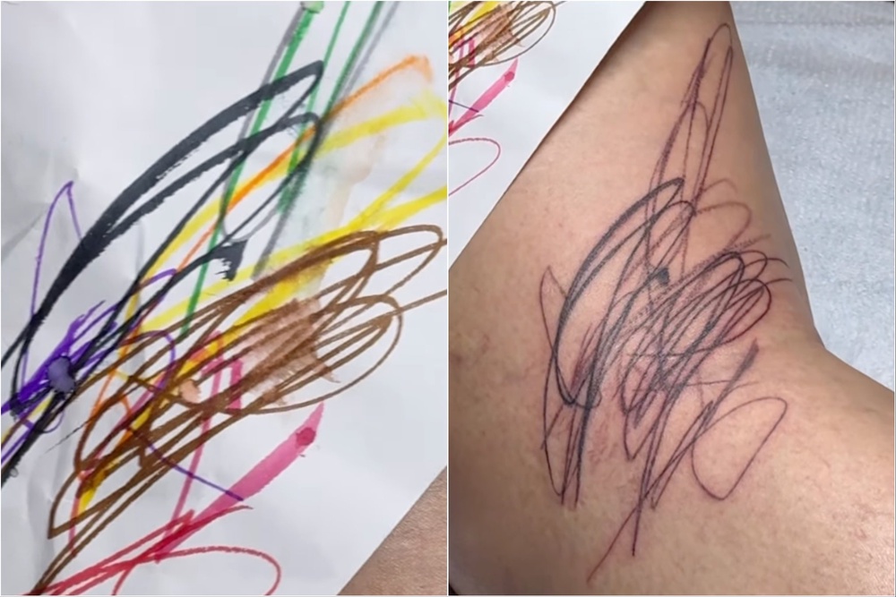 Rihanna’s three children contributed to the design for the musician’s latest tattoo on the back of her leg (Instagram via @bangbangnyc)