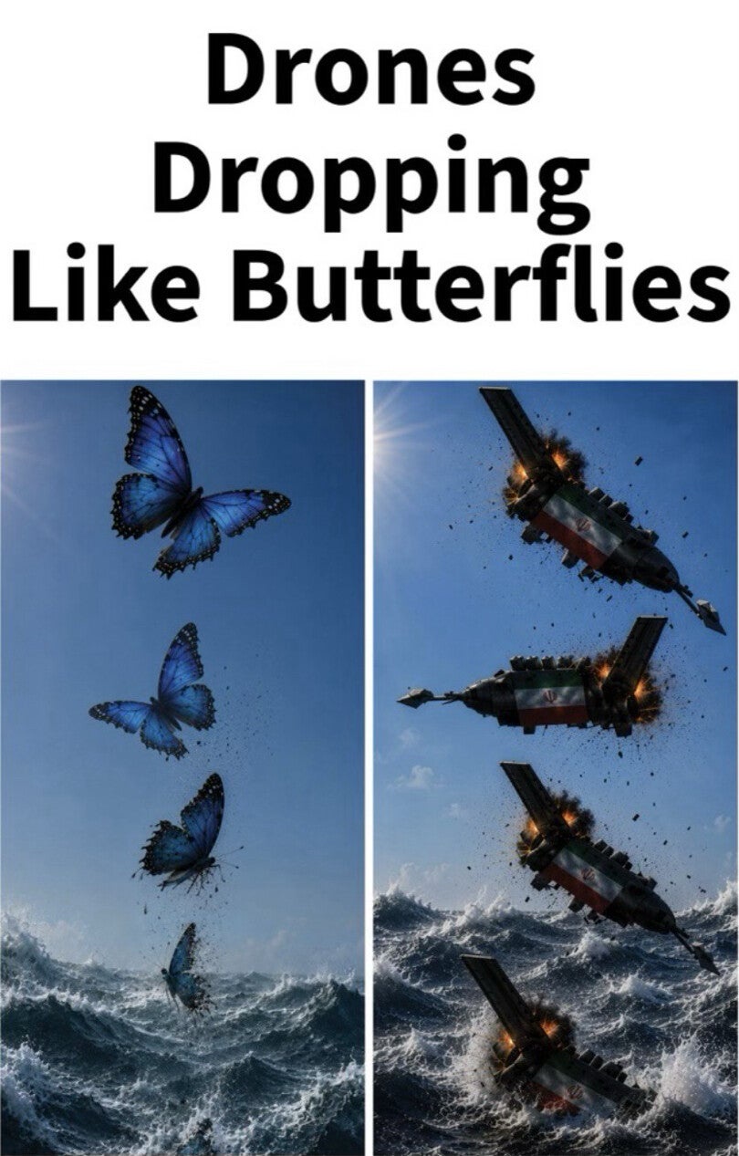 One post depicted drones emblazoned with Iranian flags plummeting into the sea, with the caption ‘Dropping Like Butterflies’ (Truth Social)