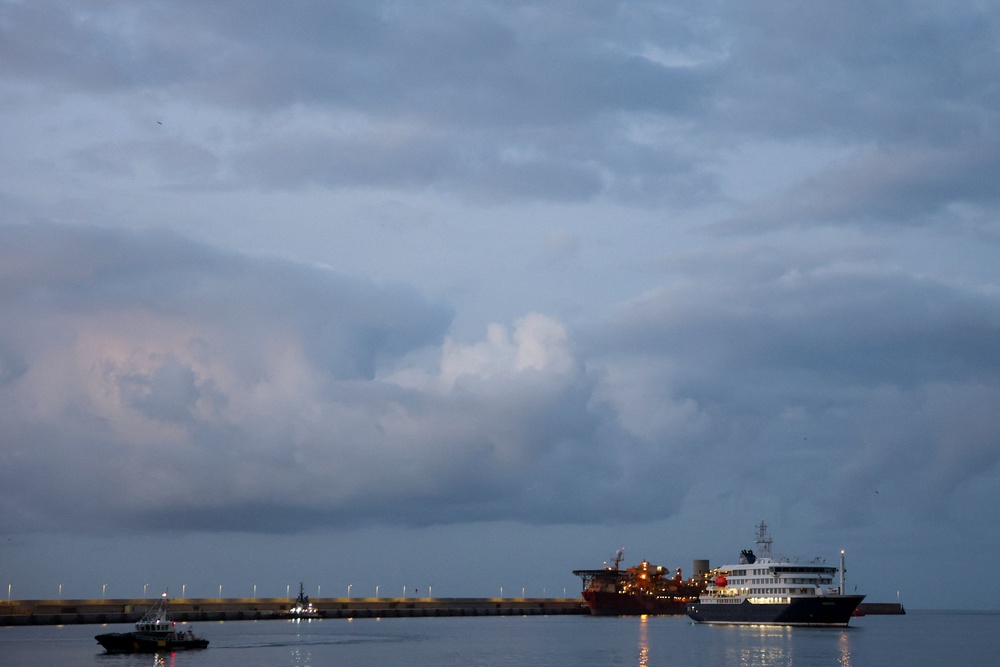 The cruise ship MV Hondius arrives at the port of Granadilla de Abona (Reuters)