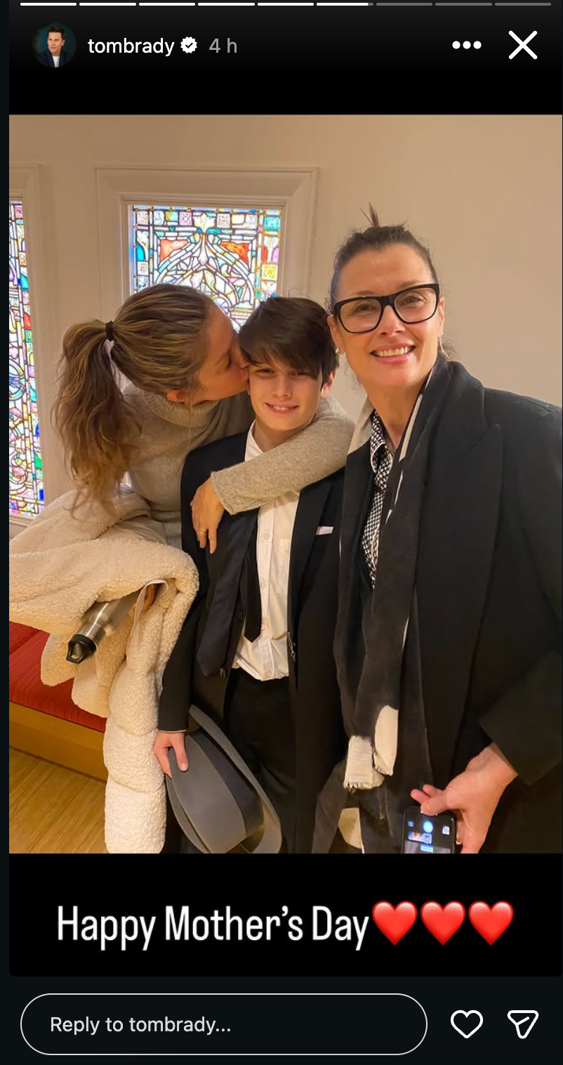 Brady shared a throwback image of Bündchen kissing her stepson, Jack, now 18, as they stood next to Moynahan, to celebrate Mother’s Day (Instagram via @tombrady)