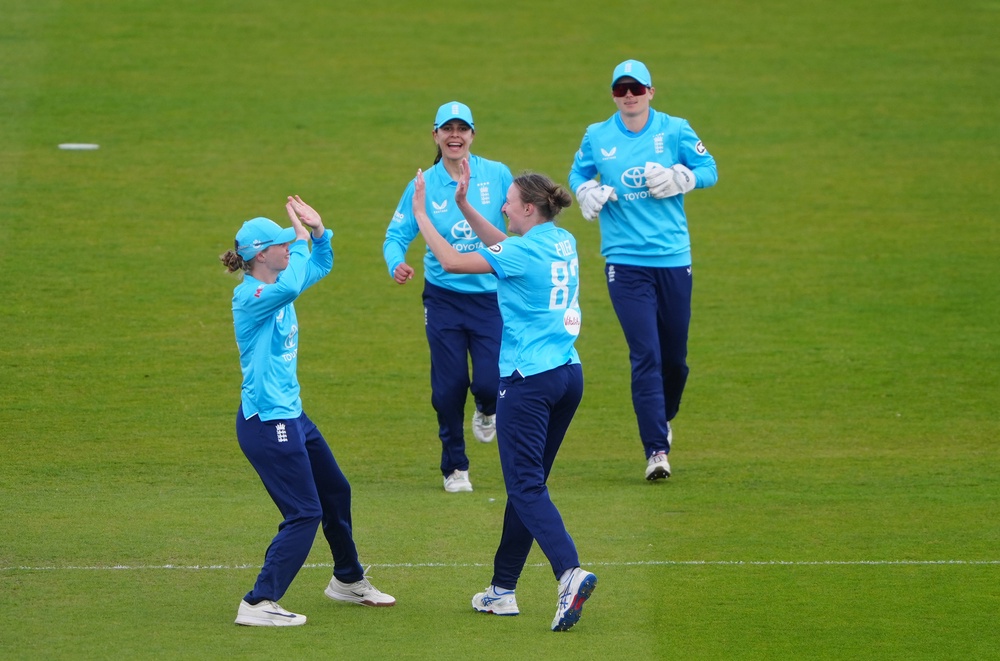 England players celebrate the wicket of Suzie Bates (Owen Humphreys/PA) (PA Wire)