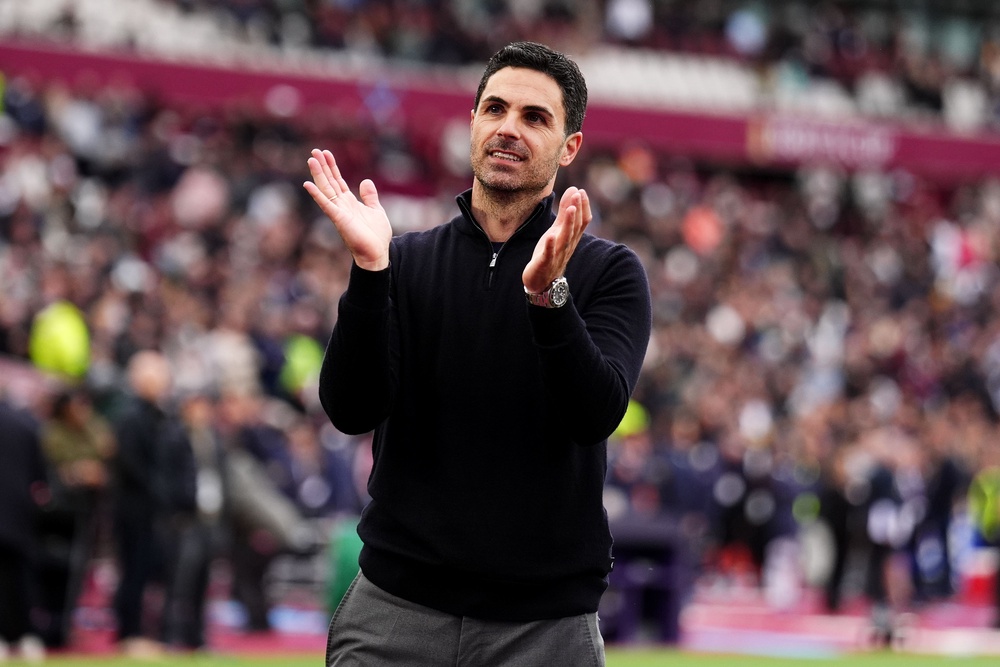 Arsenal manager Mikel Arteta celebrates after the win at West Ham (PA) (PA Wire)