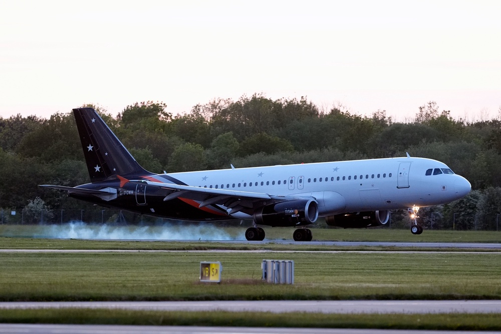 Plane landing at Manchester Airport carrying passengers that have been repatriated to the UK from cruise ship MV Hondius (PA)
