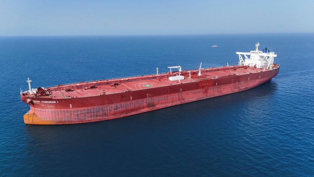 A drone view shows the Malta-flagged tanker Agios Fanourios I, an oil tanker that sailed through the Strait of Hormuz, arriving in Iraq’s territorial waters off Basra, Iraq, April 17 (Reuters)
