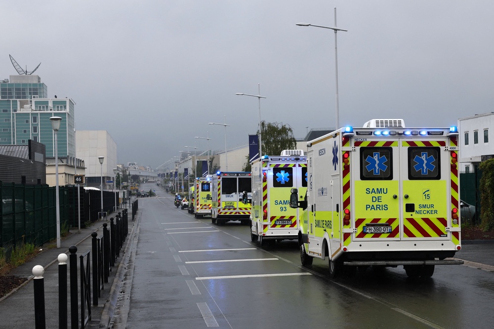 Ambulances transporting French national passengers of the MV Hondius, where an outbreak of hantavirus has been detected, leave Le Bourget airport after plane repatriating them landed, in the outskirts of Paris (AFP/Getty)