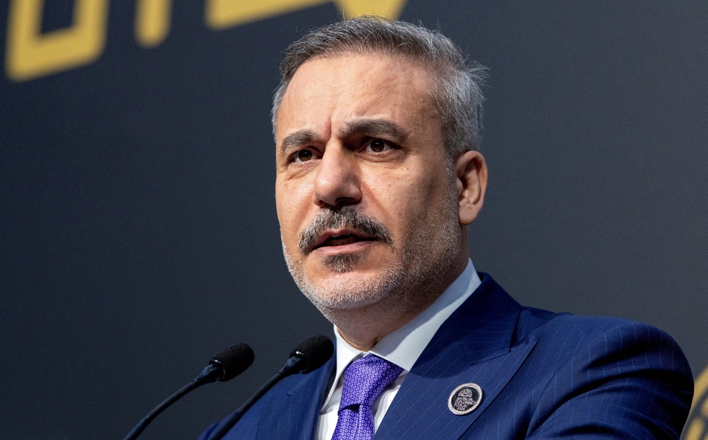 Turkey's Foreign Minister Hakan Fidan speaks to reporters at Antalya Diplomacy Forum in Antalya, Turkey, April 19 (Reuters)