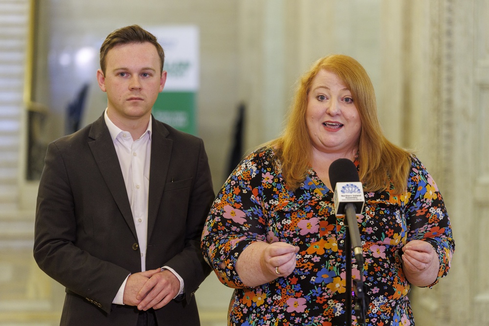 Justice Minister Naomi Long and Alliance deputy leader Eoin Tennyson speaking to the media during a press conference in The Great Hall of Parliament Buildings at Stormont, Belfast (Liam McBurney/PA) (PA Wire)