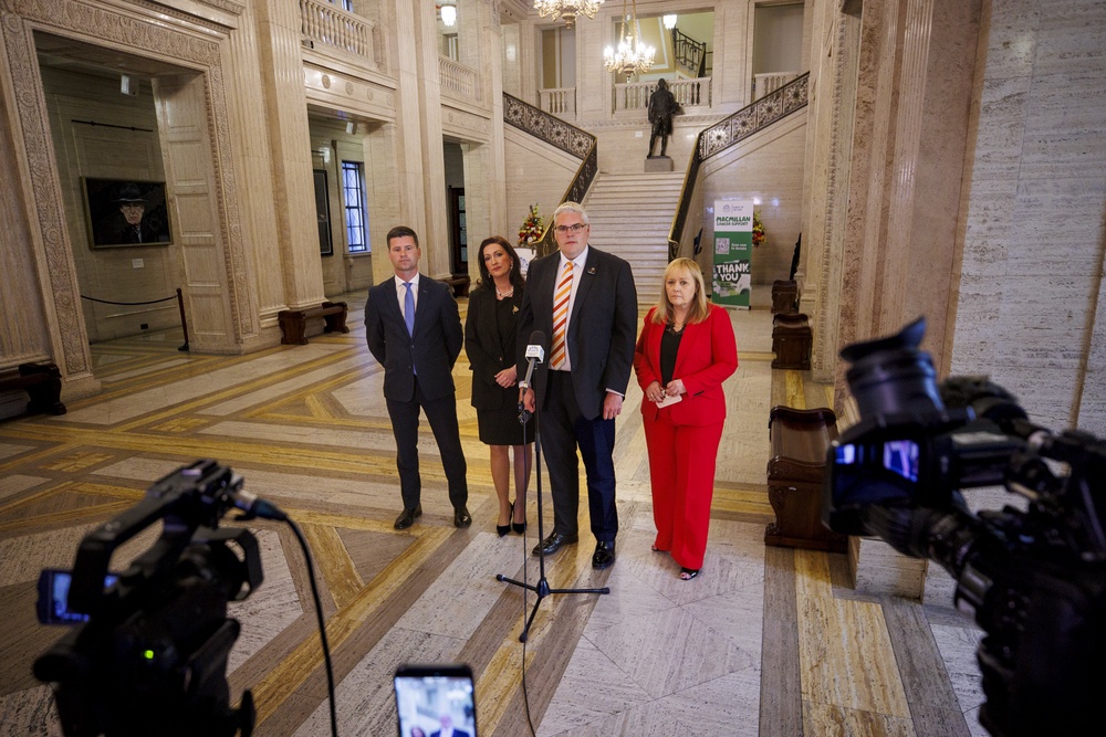 (left to right) Jonathan Buckley MLA, deputy First Minister Emma Little-Pengelly, DUP leader Gavin Robinson MP and DUP deputy leader Michelle McIlveen (Liam McBurney/PA) (PA Wire)