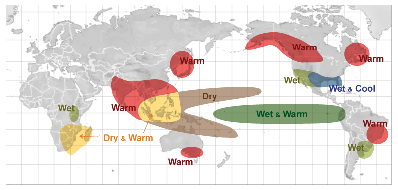 Map showing typical El Niño effects from December through February (NOAA)