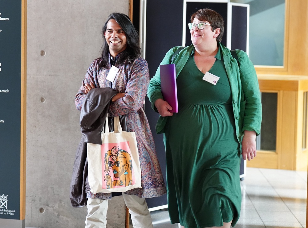 Scottish Green Party MSPs Q Manivannan, left, and Laura Moodie arrive at Holyrood (Jane Barlow/PA) (PA Wire)