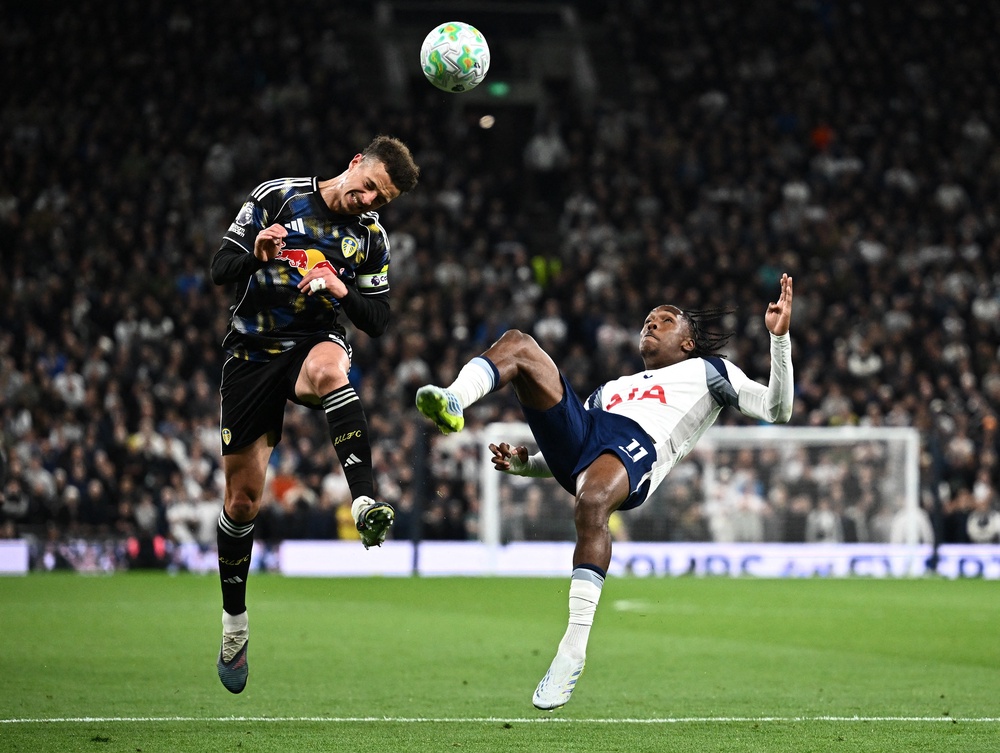 Mathys Tel conceded a penalty for an attempted acrobatic clearance as Tottenham dropped crucial points (Reuters)