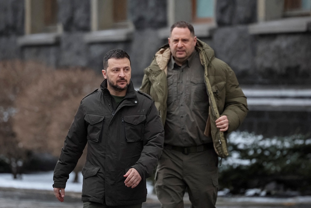 Ukraine's president Volodymyr Zelensky and Head of the Presidential Office Andriy Yermak walk in Kyiv (Reuters)