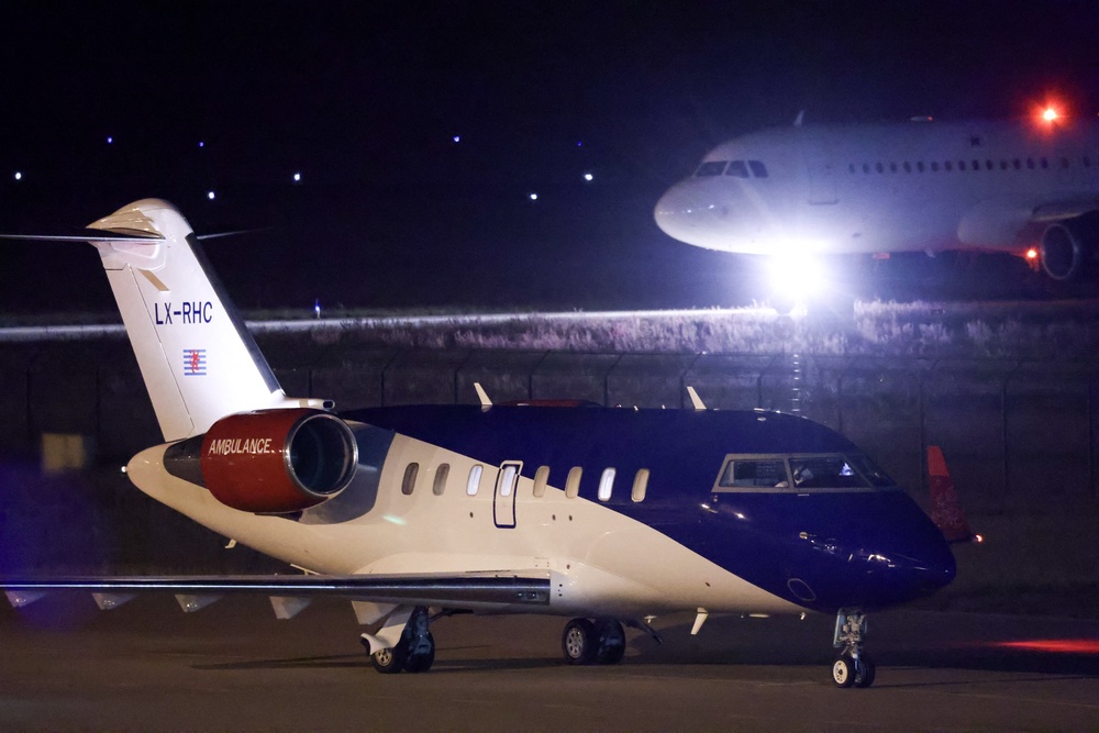 A second evacuation flight from Tenerife lands at Eindhoven Air Base in Eindhoven, Netherlands on 12 May 2026 (AFP/Getty)