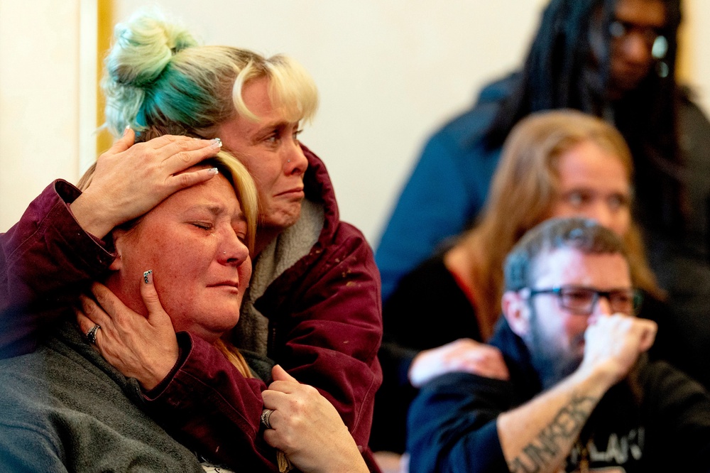 Family members react as James Shirah is sentenced to at least 30 years in prison on Monday, May 11, 2026 in Flint. (Jake May/The Flint Journal via AP) (AP)