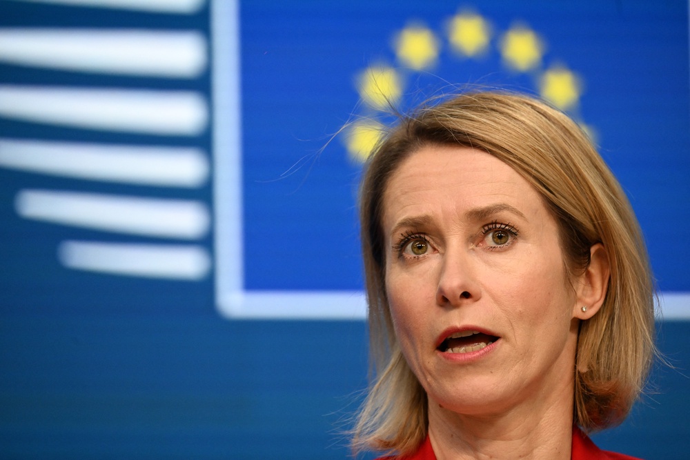 EU vice-president for foreign affairs and security policy Kaja Kallas delivers a statement after a Foreign Affairs Council in Brussels (AFP/Getty)