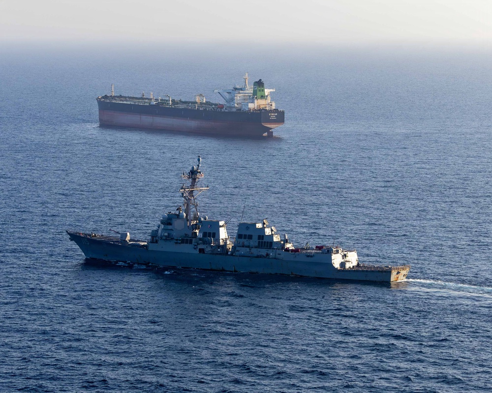 Arleigh Burke-class guided-missile destroyer USS Rafael Peralta (DDG 115) implements a maritime blockade against an Iranian-flagged ship (Getty)