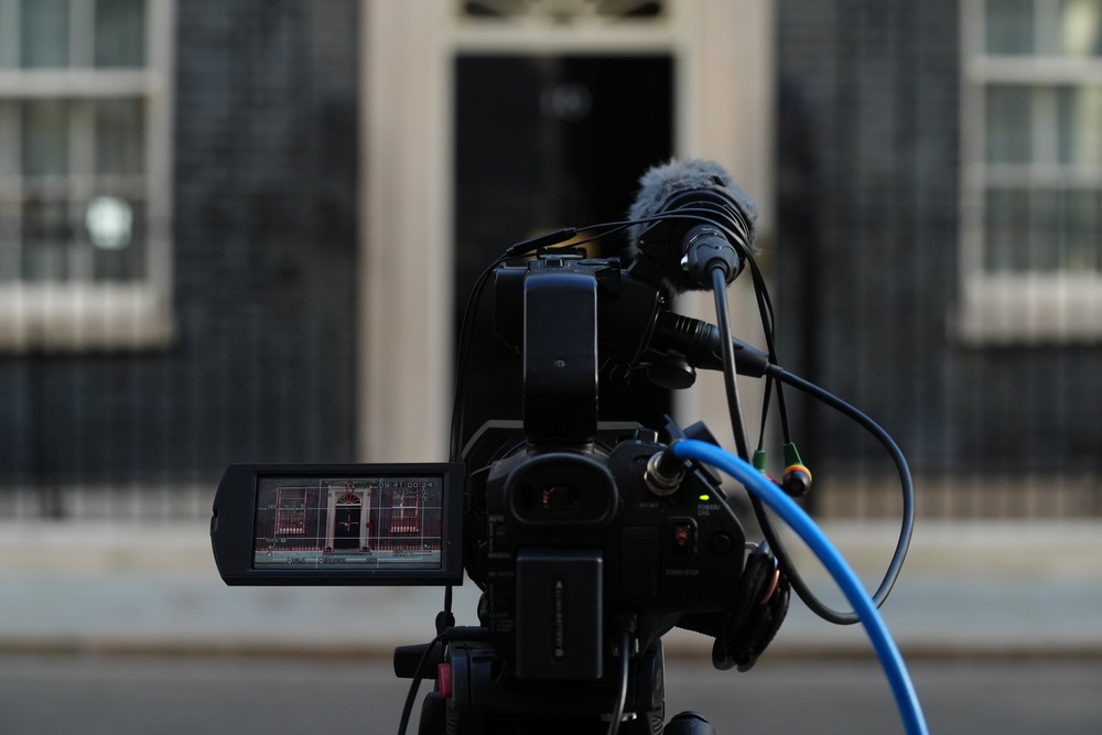 A camera pointed at the door of 10 Downing Street as members of the media gather before Tuesday’s Cabinet meeting (Jonathan Brady/PA) (PA Wire)