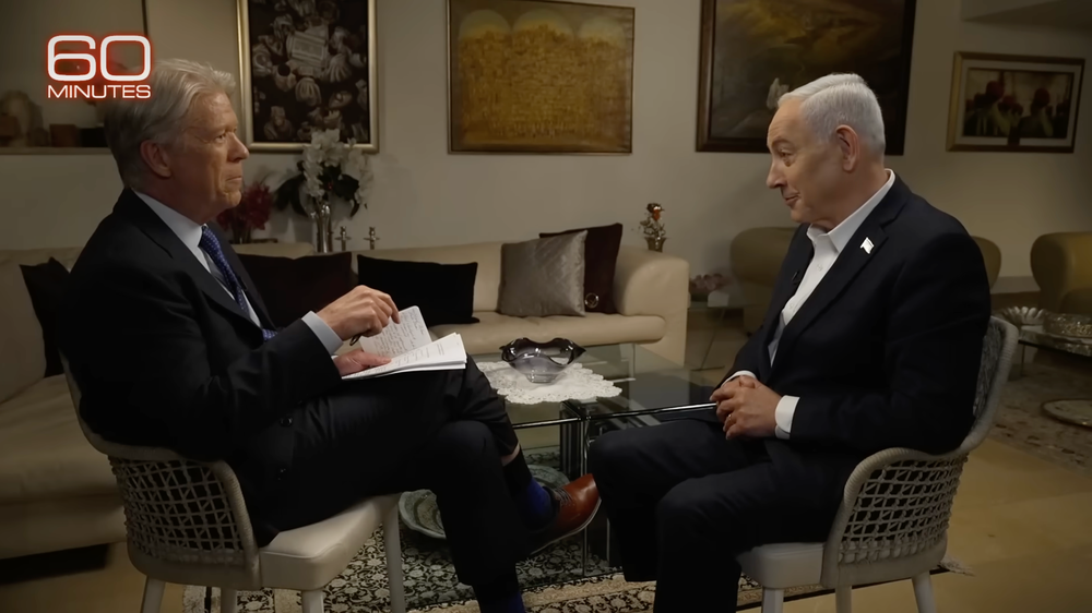 CBS News chief Washington correspondent Major Garrett (L) interviews Israeli Prime Minister Benjamin Netanyahu for ‘60 Minutes’ after being given the assignment by CBS News Editor-in-Chief Bari Weiss (60 Minutes, YouTube)