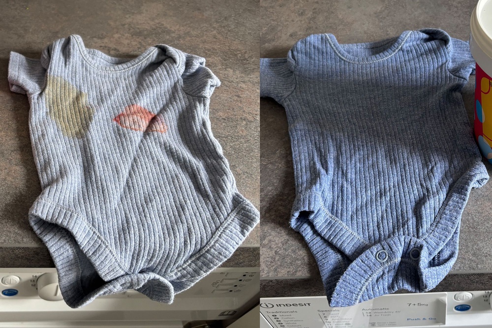 Before and after using the Ocado stain remover for colours (Zoe Griffin/The Independent)