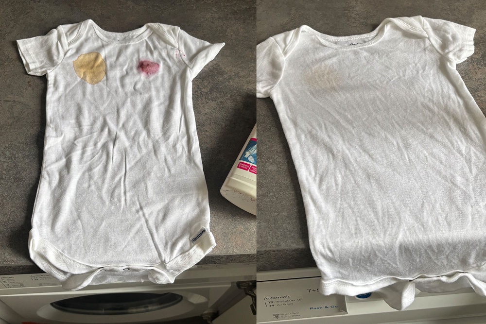 Before and after using the Dr Beckmann power brush stain remover (Zoe Griffin/The Independent)