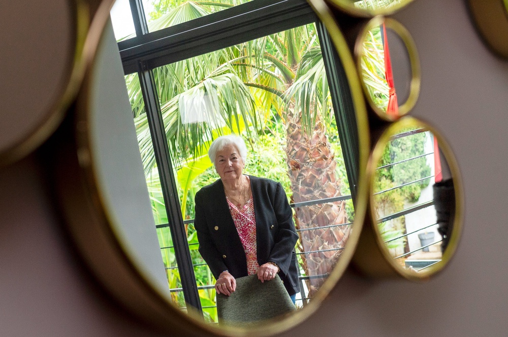 Marie-Therese Ross-Mahe, an 85-year-old French widow of a U.S. military veteran, poses in Orvault, western France, during an interview with The Associated Press, Monday, May 11, 2026. (AP Photo/Mathieu Pattier) (Copyright 2026 The Associated Press. All rights reserved.)