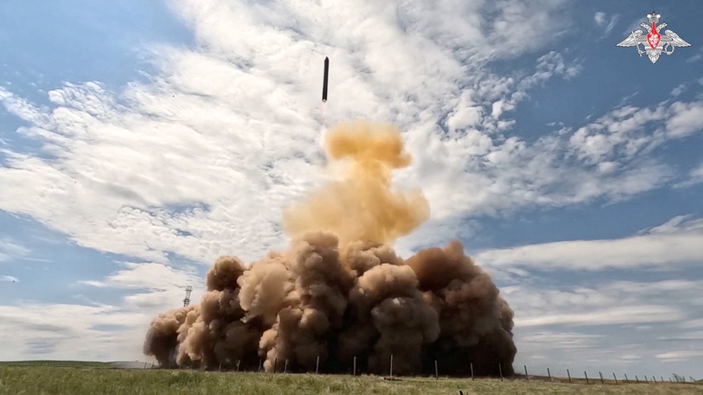 A test launch of Russia's Sarmat intercontinental ballistic missile at an unidentified location, in this still image taken from a video released on May 12 (Reuters)