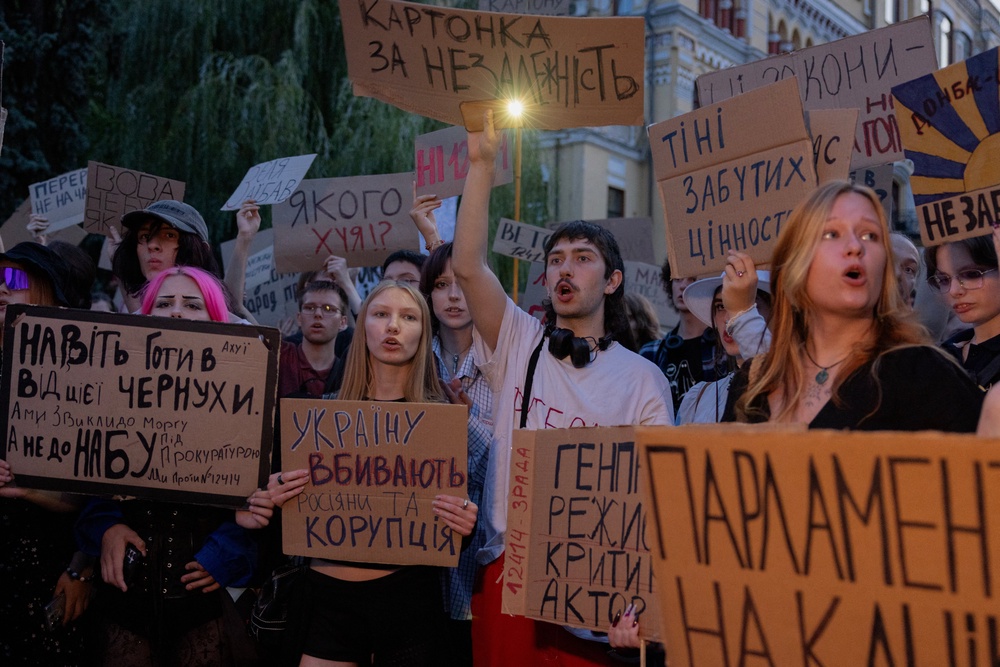 Protesters gather to oppose a law removing the independent of NABU and SAP, in Kyiv last July (AFP/Getty)