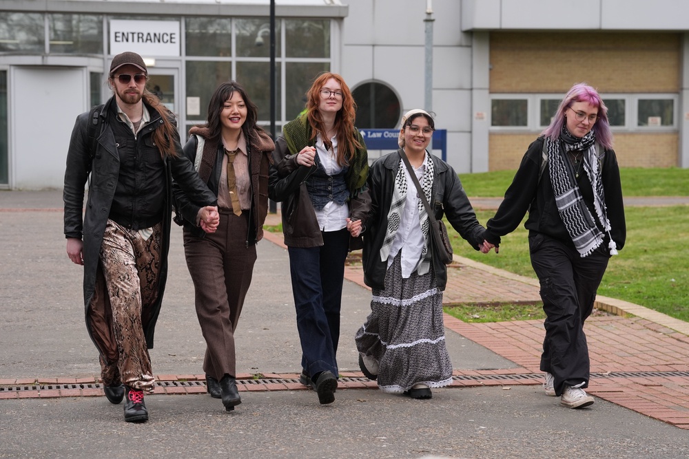 Palestine Action activists (left-right) Jordan Devlin, Leona Kamio, Zoe Rogers, Fatema Rajwani and Charlotte Head (PA)