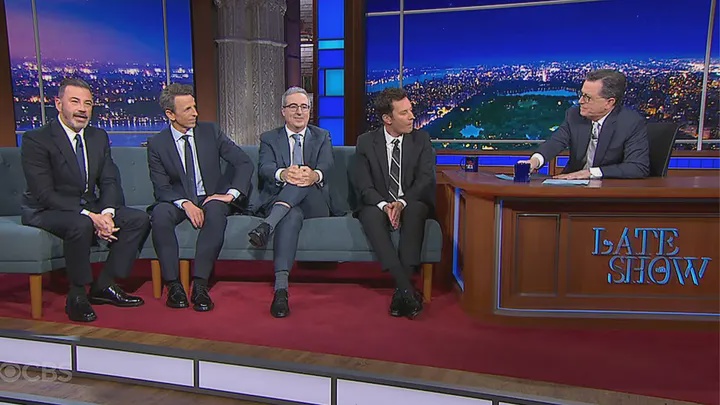 Jimmy Kimmel, Seth Meyers, John Oliver and Jimmy Fallon joined Stephen Colbert for Monday's farewell episode to his 'Late Show' (CBS)