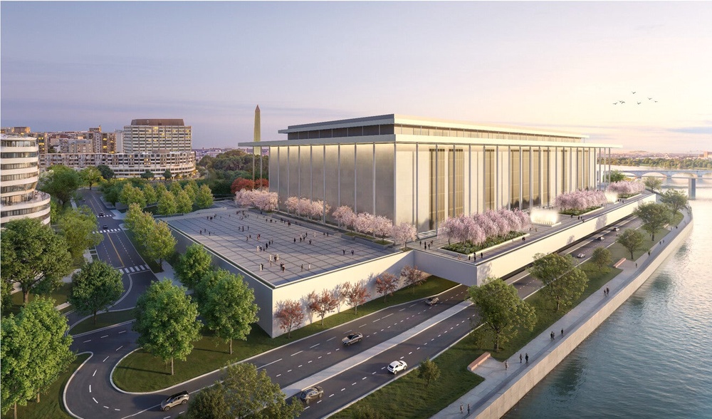 The Trump-Kennedy Center renovations are expected to be completed in 2028, Trump said. Here is a rendering of the completed structure posted by Trump (Truth Social, @realDonaldTrump)