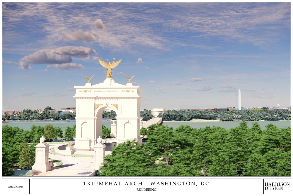 At 250 feet, the arch would be more than twice the height of the Lincoln Memorial. Pictured here is a rending released by the Trump administration (Truth Social, @realDonaldTrump)