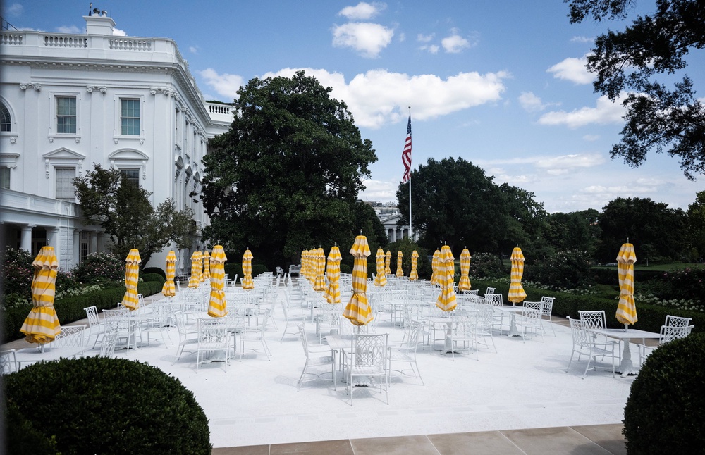 Among the many changes Trump made to the White House was the transformation of the Rose Garden, where grass and flower beds were replaced with a paved surface and patio furniture (AFP via Getty Images)