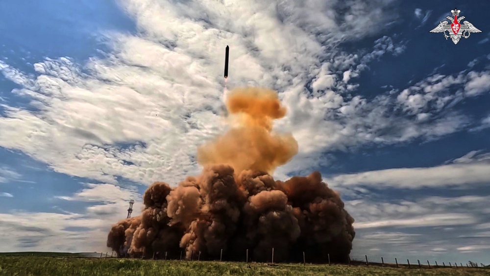 Russia's new Sarmat intercontinental ballistic missile is test launched at an unspecified location in Russia (Russian defence ministry press service)