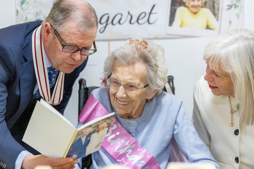 Margaret Blair celebrates her 105th Birthday in McKellar House. She is joined by Deputy Lord Lieutenant David Girdwood and her daughter, Senga Neave. (Erskine Veterans Charity/Jamie Williamson/PA)
