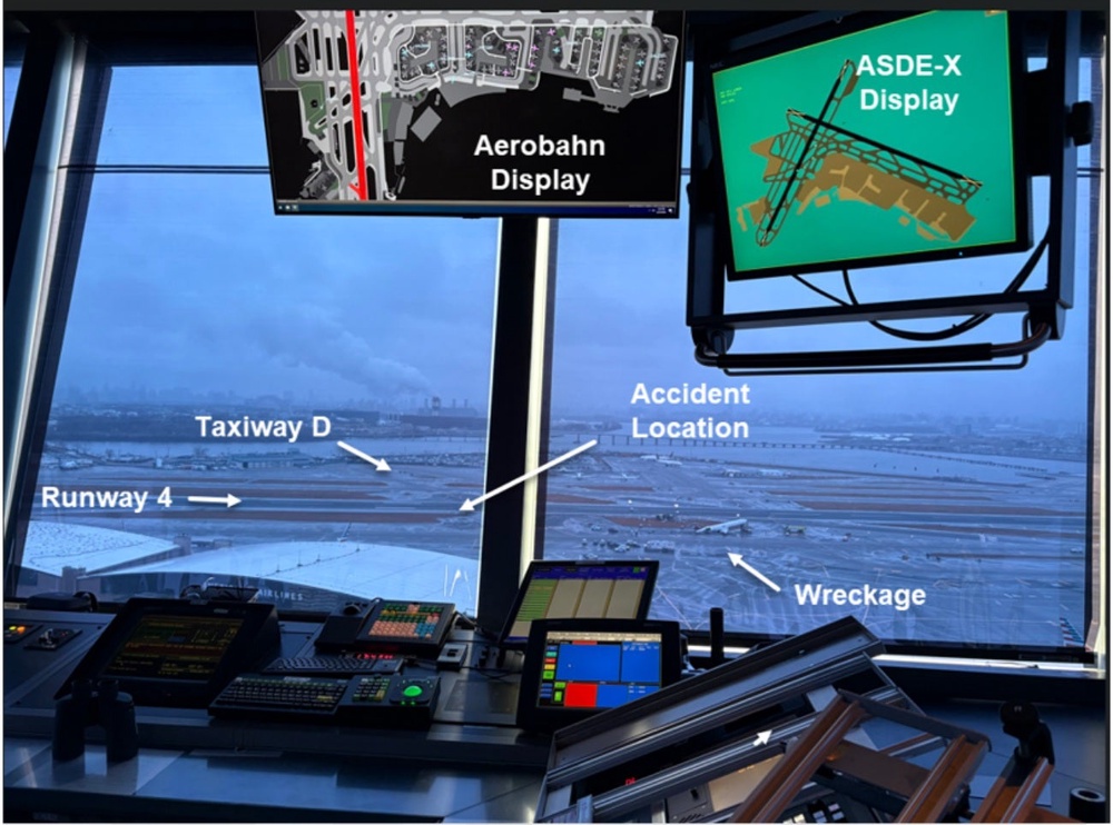 The annotated scene of a deadly runway collision between a fire truck and an airplane on March 22, 2025, at New York City's LaGuardia Airport is seen from inside the air traffic control tower. The green screen on the right is used to show the movements of tracker-equipped aircraft and vehicles on the ground (National Transportation Safety Board)