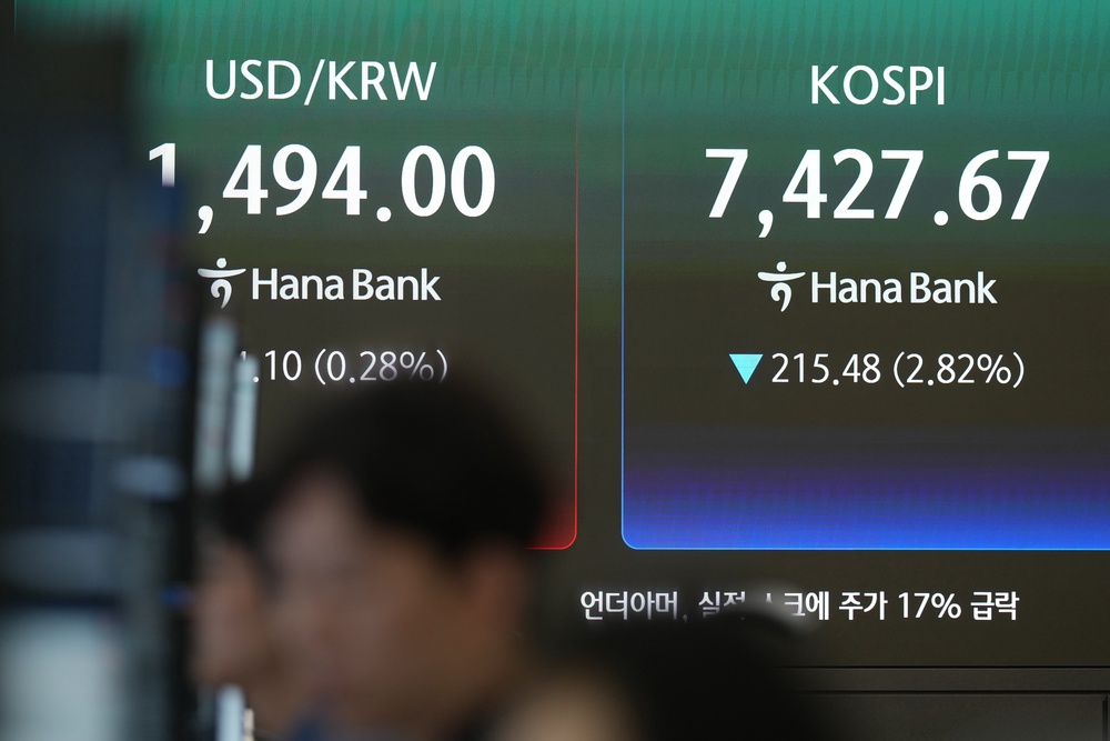 Screens showing Korea Composite Stock Price Index and foreign exchange rates at Hana Bank in Seoul, South Korea (AP)