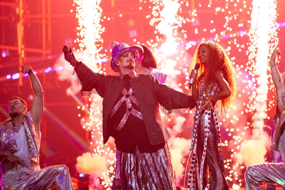 Boy George performing with SENHIT during a Eurovision dress rehearsal (Getty)